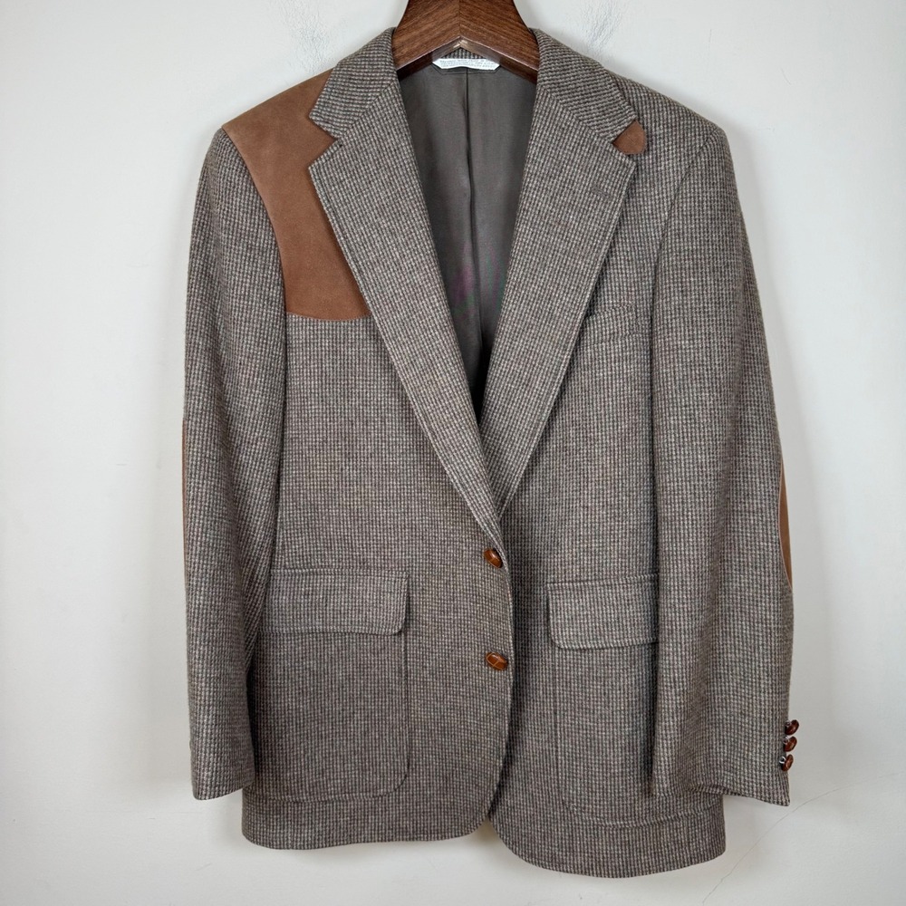 Orvis Tweed Brown Suede Elbow British Hunt Jacket Blazer 40R Vtg Americana Ivy